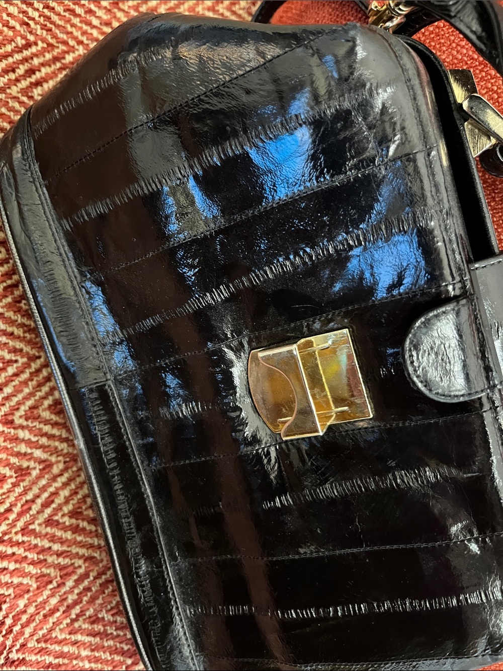 Glossy Eal skin Top-Handle Crossbody Bag with Gold Hardware - Picture 5 of 5